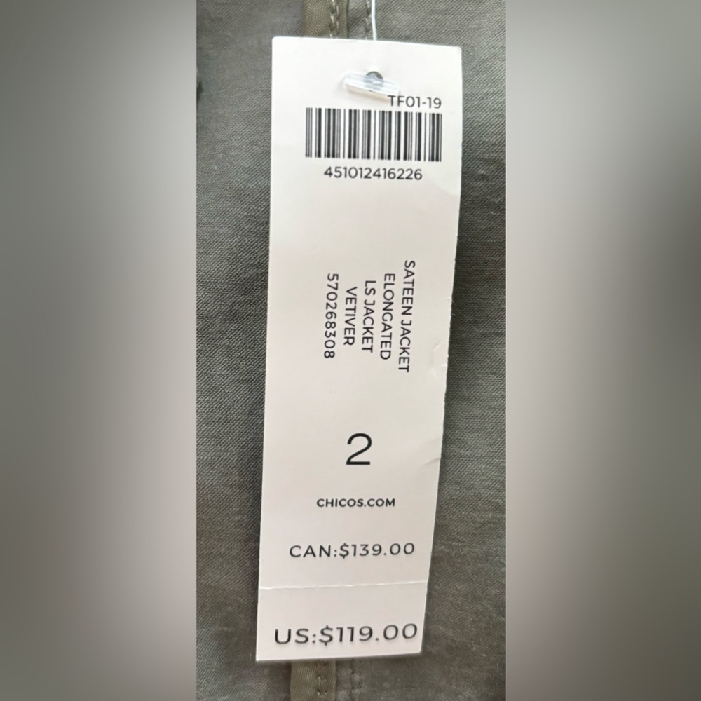 NWT Chico’s Elongated Sateen Utility Jacket Olive Green Military Safari Field - Picture 10 of 12